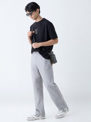 Nuon Grey Solid Relaxed-Fit Mid-Rise Trousers