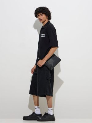 Nuon Black Text Design Relaxed-Fit Cotton Shirt