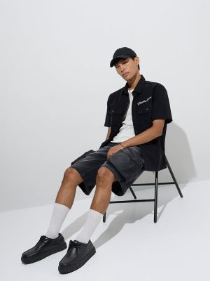 Nuon Black Text Detailed Relaxed-Fit Cotton Shirt