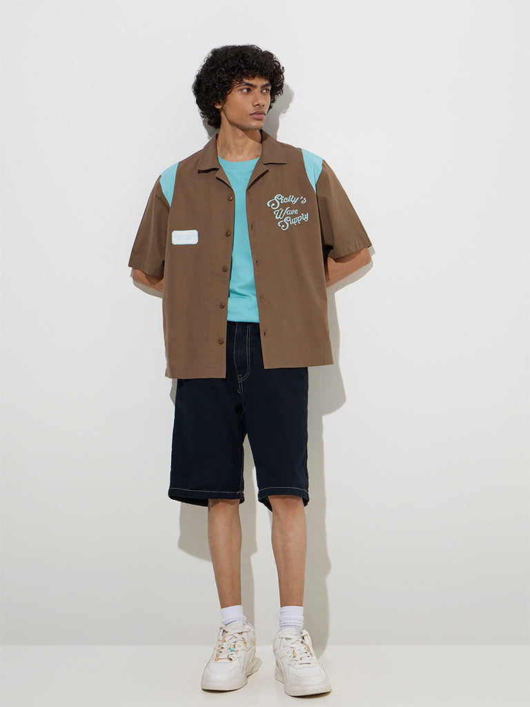 Nuon Brown Typographic Design Relaxed-Fit Cotton Shirt
