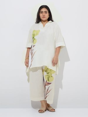 Diza Off-White Floral Design Cotton-Blend Ethnic Pants