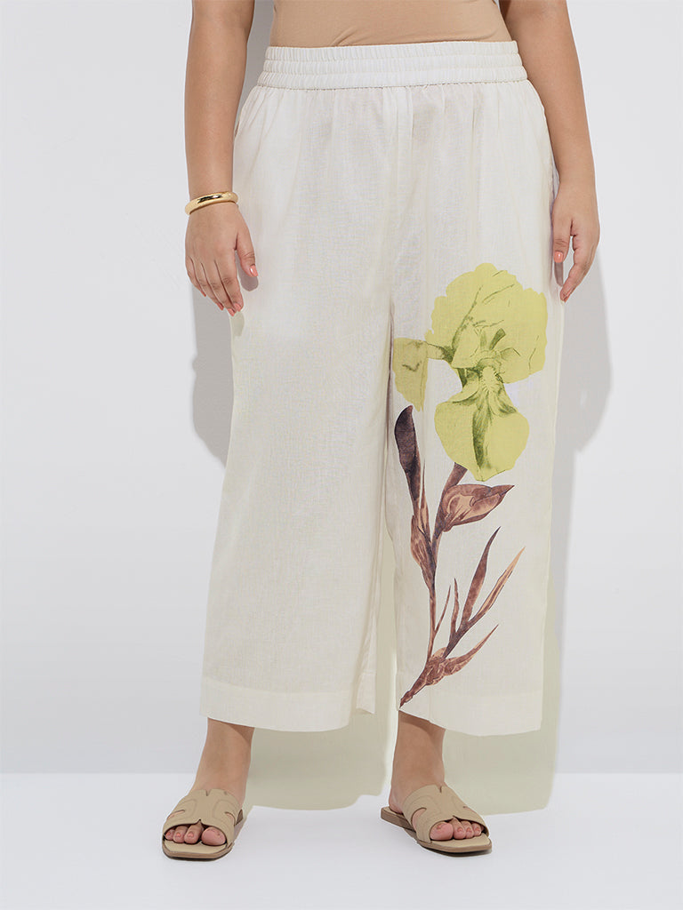 Diza Off-White Floral Design Cotton-Blend Ethnic Pants - Image 2