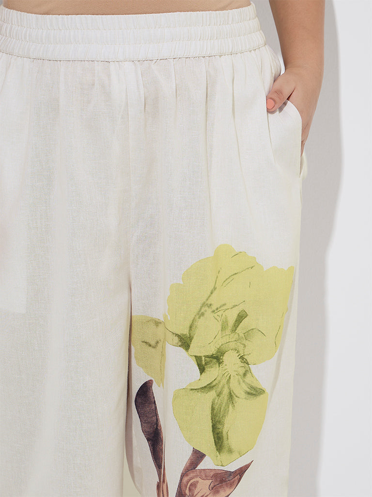 Diza Off-White Floral Design Cotton-Blend Ethnic Pants - Image 3