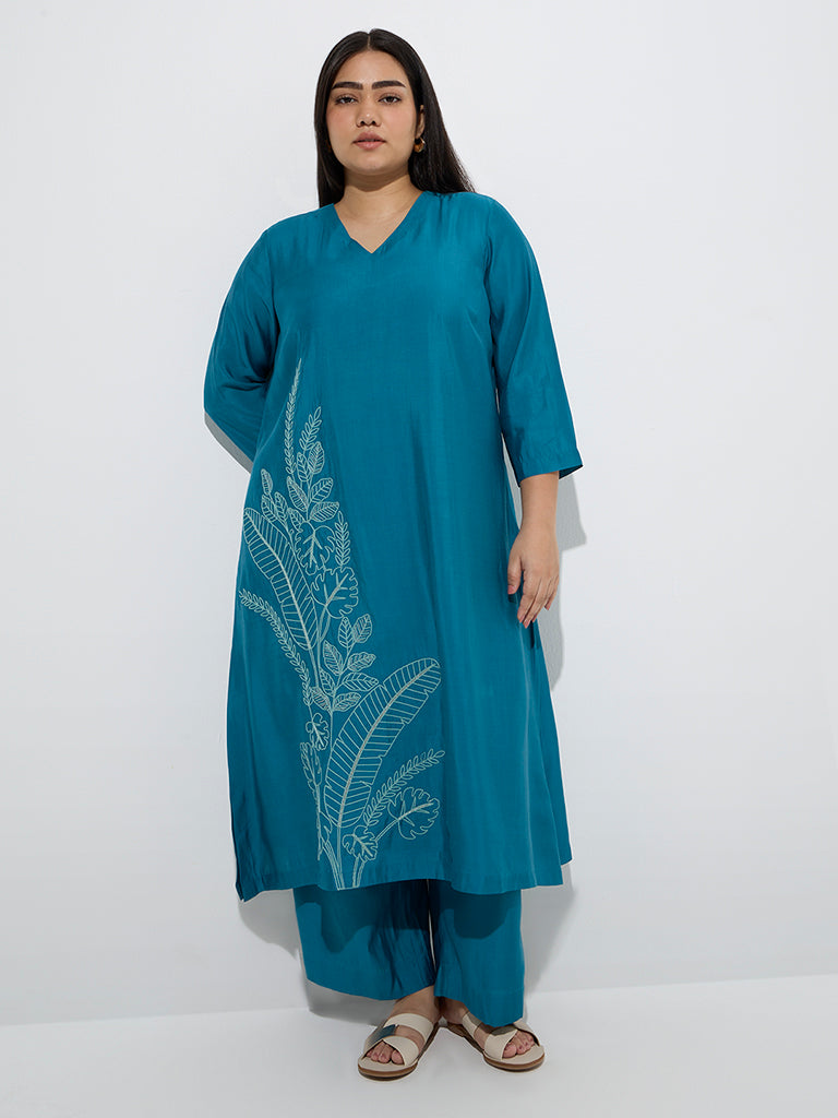 Diza Teal Foliage Embroidered A-Line Kurta - Image 2