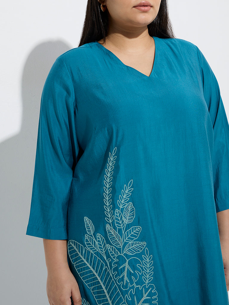 Diza Teal Foliage Embroidered A-Line Kurta - Image 3