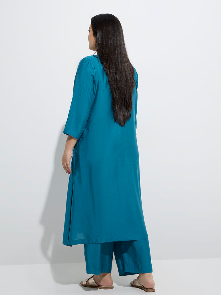 Diza Teal Foliage Embroidered A-Line Kurta - Image 4
