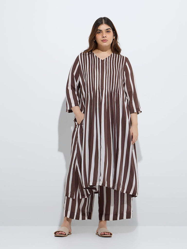 Diza Brown Striped A-Line Kurta