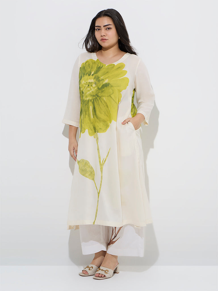 Diza Off-White Floral Detailed Cotton-Blend A-Line Kurta - Image 2