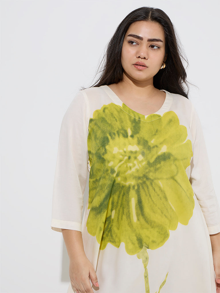 Diza Off-White Floral Detailed Cotton-Blend A-Line Kurta - Image 3