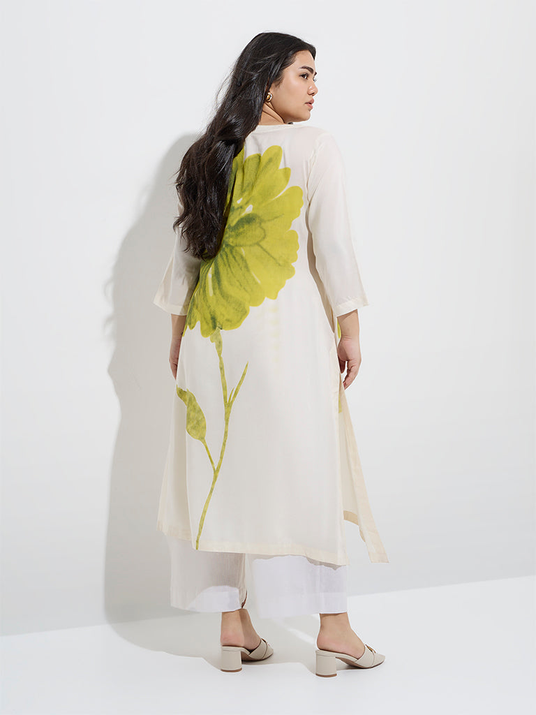 Diza Off-White Floral Detailed Cotton-Blend A-Line Kurta - Image 4