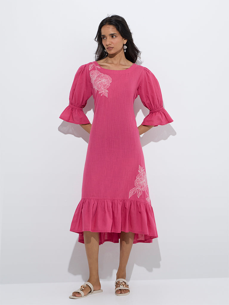 Utsa Fuchsia Floral Embroidered Cotton Drop-Waist Dress