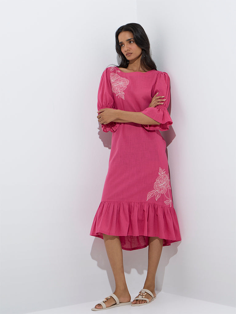 Utsa Fuchsia Floral Embroidered Cotton Drop-Waist Dress - Image 2