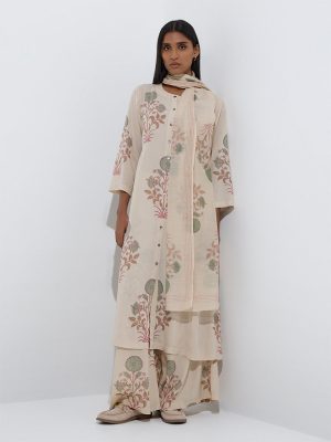 Zuba Off-White Floral Printed Dupatta