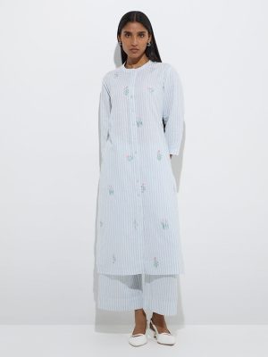 Zuba Light Blue Striped Cotton-Blend Straight Kurta