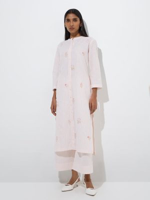 Zuba Peach Striped Cotton-Blend Straight Kurta