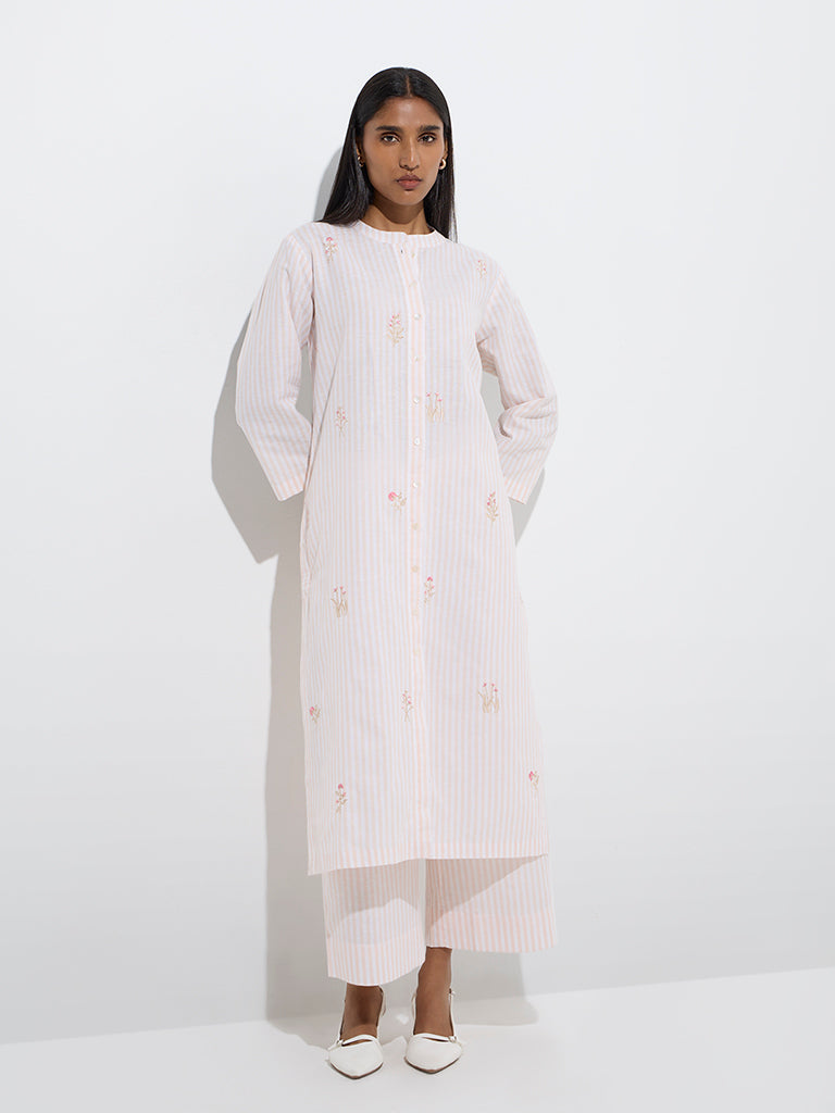 Zuba Peach Striped Cotton-Blend Straight Kurta - Image 2