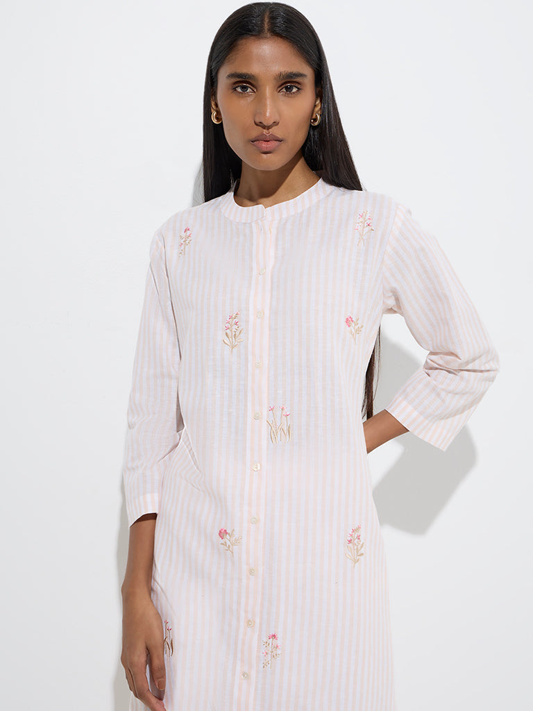 Zuba Peach Striped Cotton-Blend Straight Kurta - Image 3