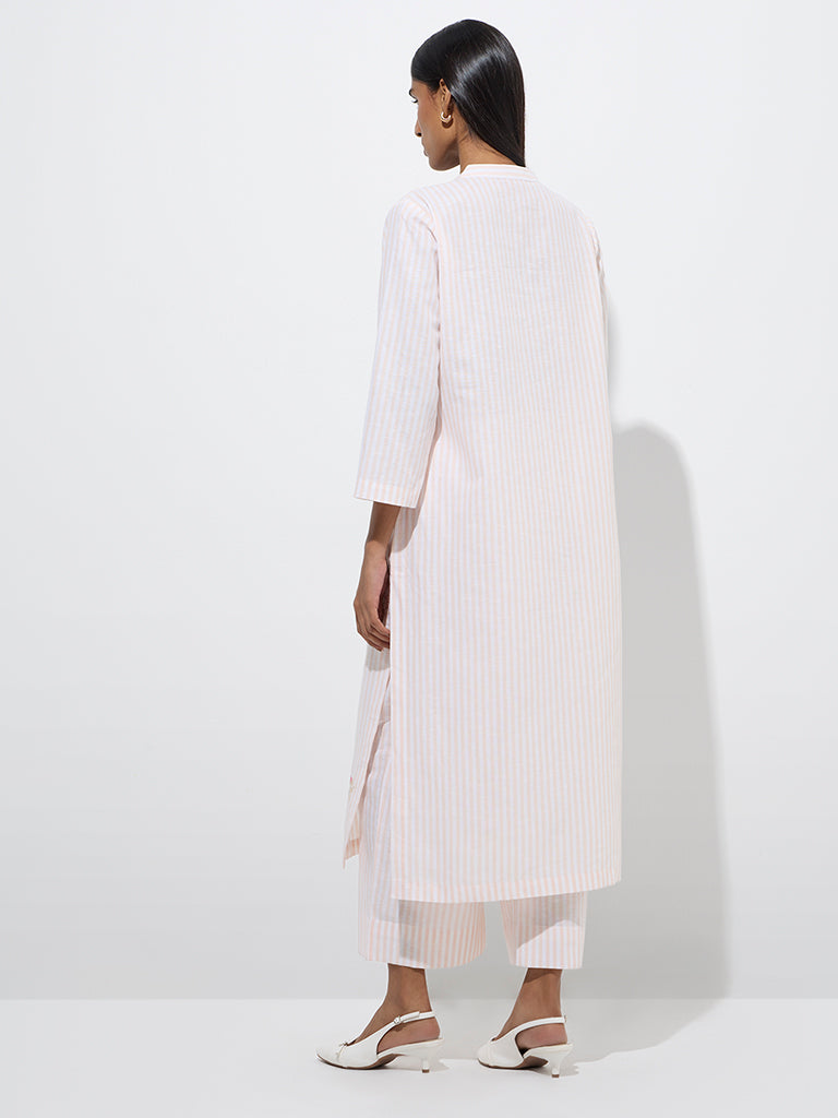 Zuba Peach Striped Cotton-Blend Straight Kurta - Image 4