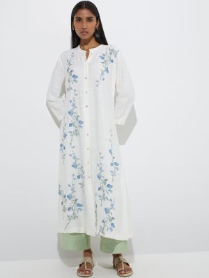 Zuba White Floral Pattern Cotton-Blend A-Line Kurta