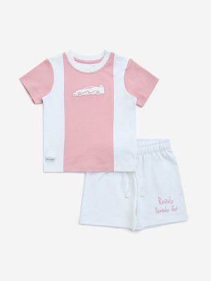HOP Baby Dusty Pink Printed Cotton T-Shirt with Shorts Set