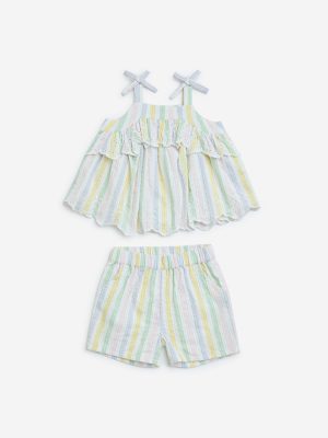 HOP Baby Multicolour Striped Cotton Top and Shorts Set