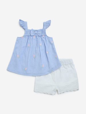 HOP Baby Light Blue Embroidered Cotton Top and Shorts Set