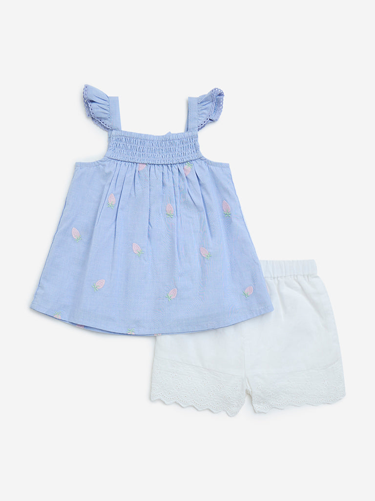 HOP Baby Light Blue Embroidered Cotton Top and Shorts Set - Image 2