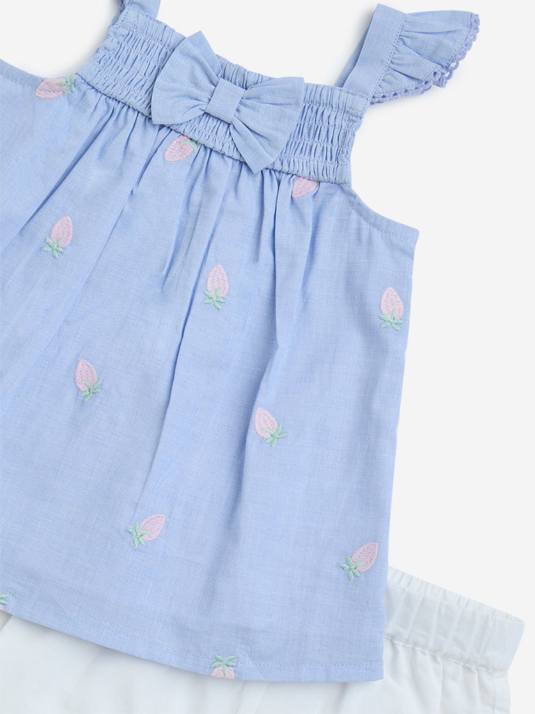 HOP Baby Light Blue Embroidered Cotton Top and Shorts Set - Image 3