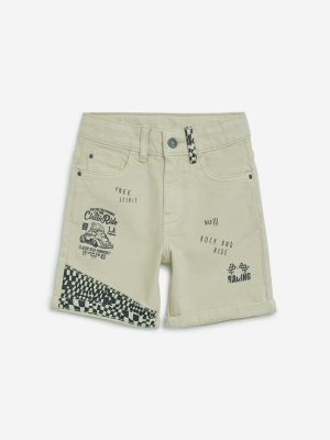 HOP Kids Beige Printed Mid-Rise Cotton-Blend Shorts