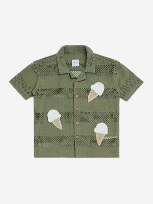 HOP Kids Olive Crochet Detailed Cotton Shirt