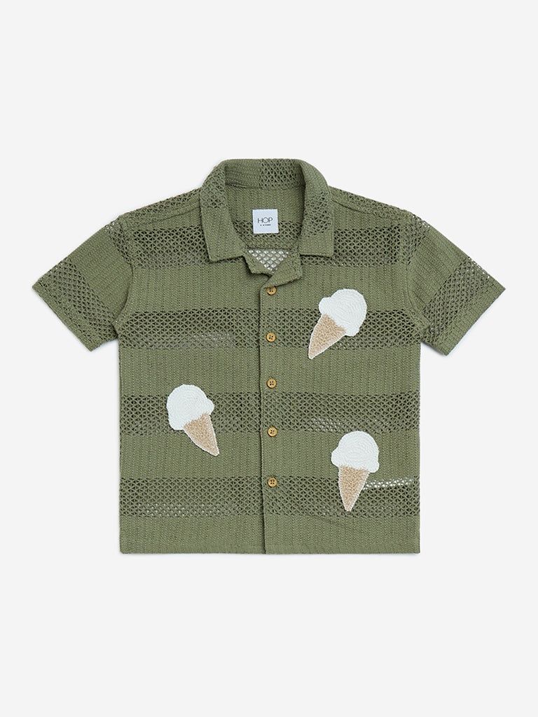HOP Kids Olive Crochet Detailed Cotton Shirt