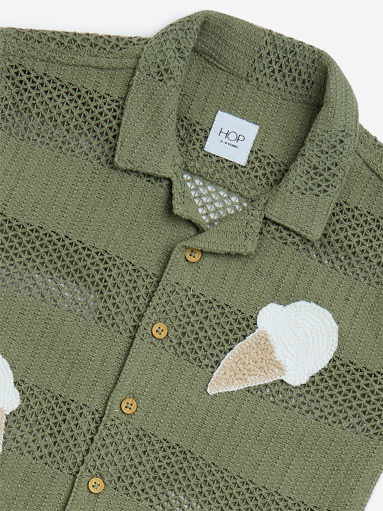 HOP Kids Olive Crochet Detailed Cotton Shirt - Image 3