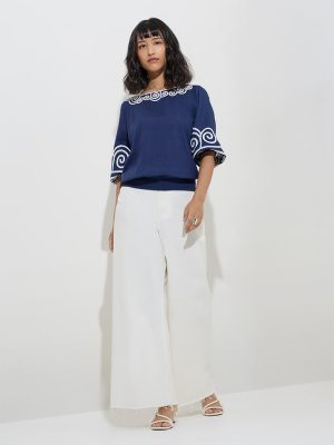 LOV Navy Embroidered Top