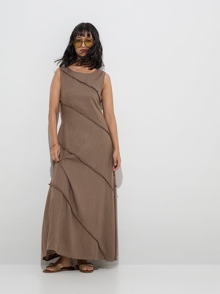 LOV Brown Fringe Detailed A-Line Dress