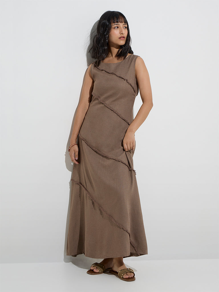 LOV Brown Fringe Detailed A-Line Dress - Image 2