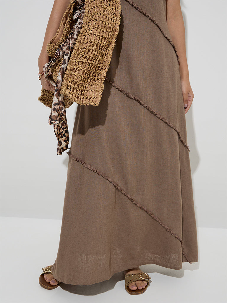 LOV Brown Fringe Detailed A-Line Dress - Image 3