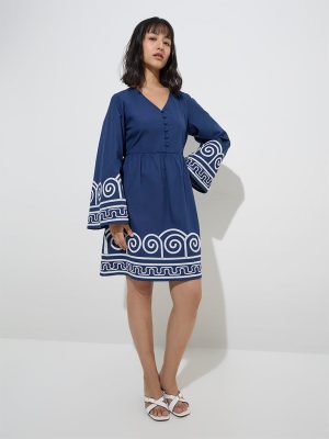 LOV Navy Embroidered Cotton A-Line Dress