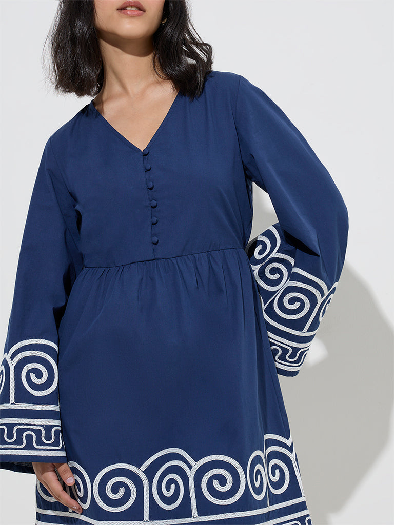 LOV Navy Embroidered Cotton A-Line Dress - Image 2