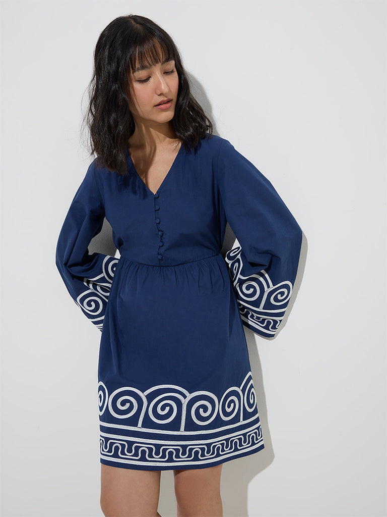 LOV Navy Embroidered Cotton A-Line Dress - Image 3