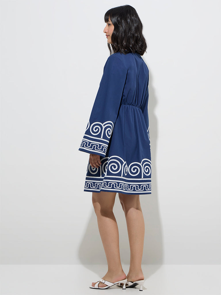 LOV Navy Embroidered Cotton A-Line Dress - Image 4