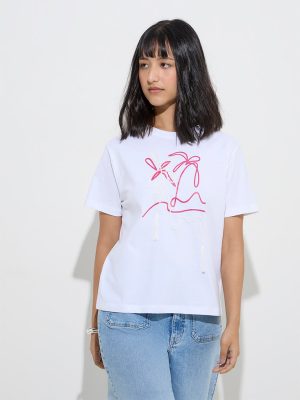 LOV White Abstract Design Cotton T-Shirt