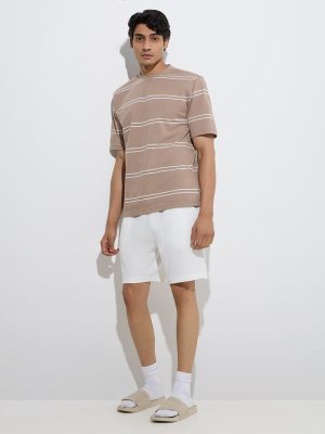 WES Lounge Beige Stripe Relaxed-Fit Cotton-Blend T-Shirt