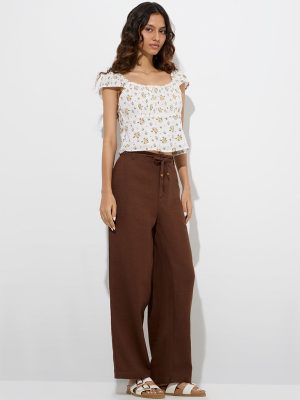 Bombay Paisley Brown Solid Cotton-Blend Pants