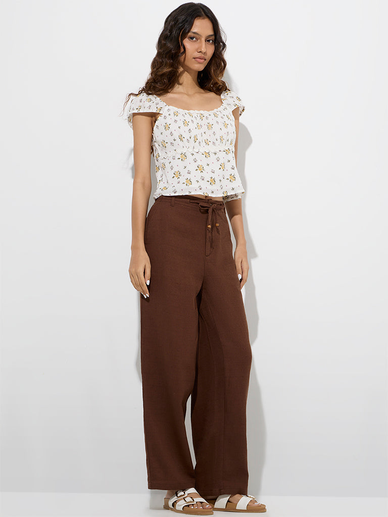 Bombay Paisley Brown Solid Cotton-Blend Pants