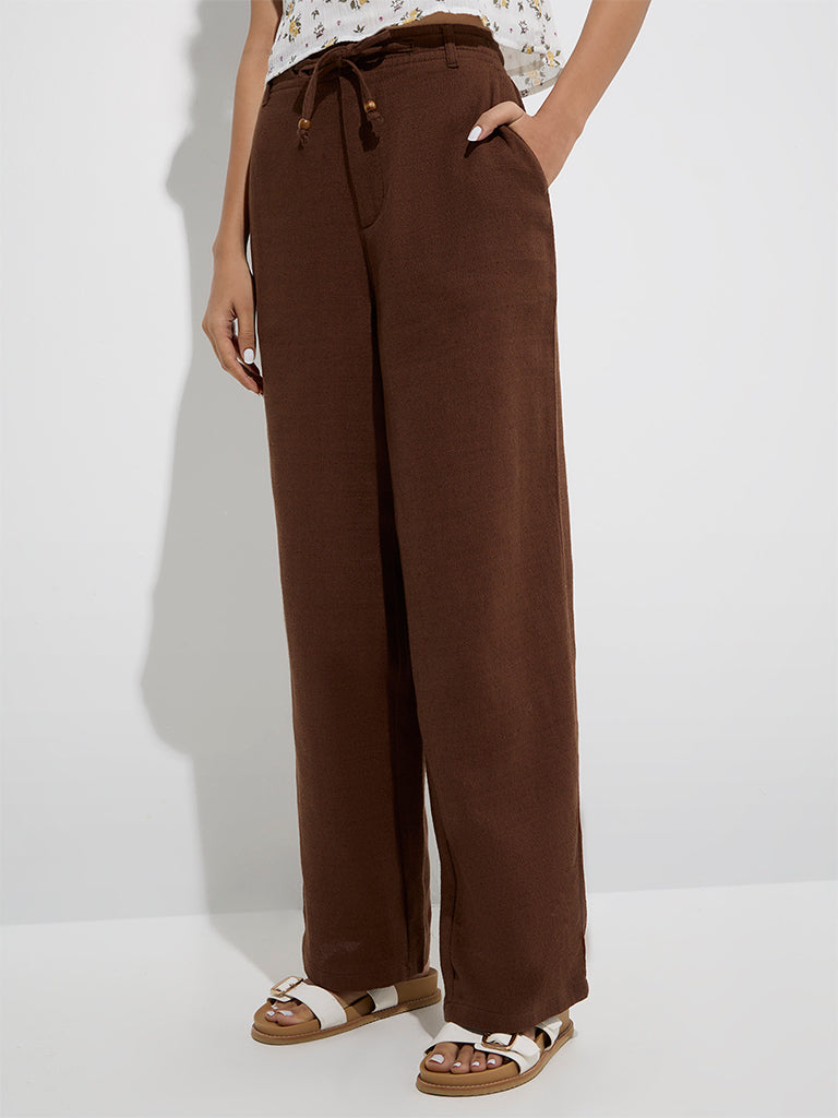 Bombay Paisley Brown Solid Cotton-Blend Pants - Image 2