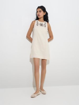 Bombay Paisley Off-White Floral Cotton-Blend Straight Dress