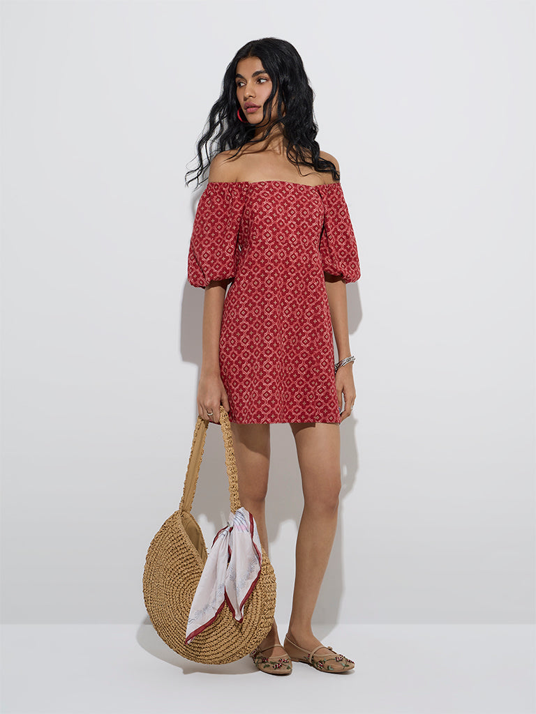 Bombay Paisley Red Printed Cotton-Blend A-Line Dress