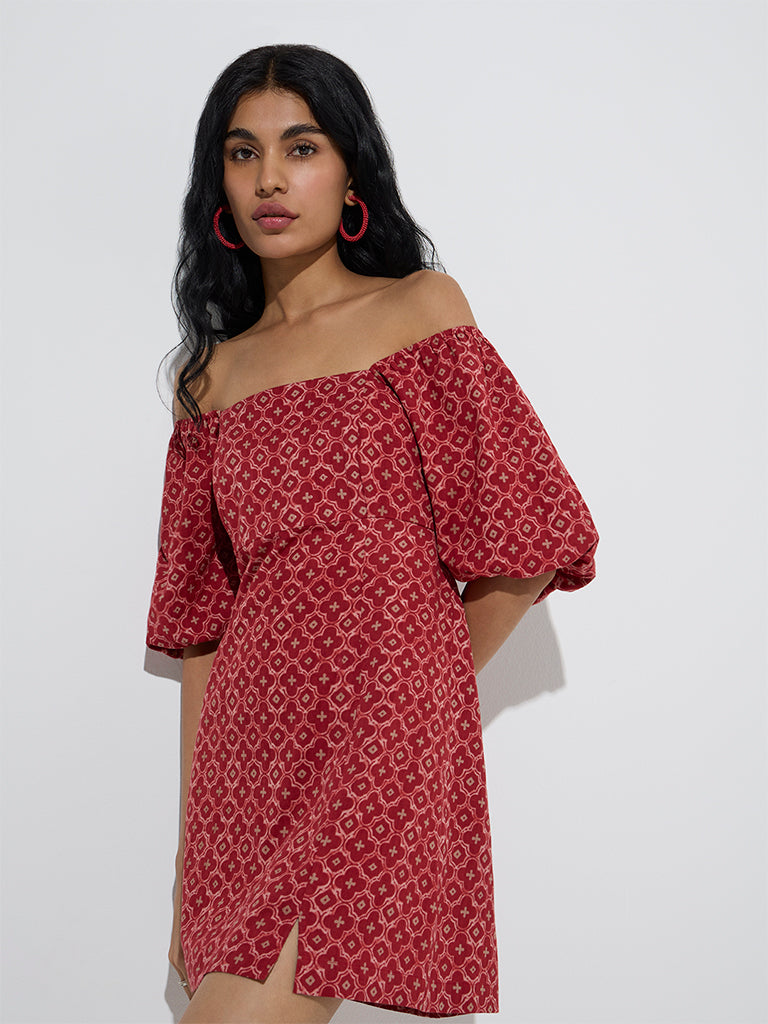 Bombay Paisley Red Printed Cotton-Blend A-Line Dress - Image 2