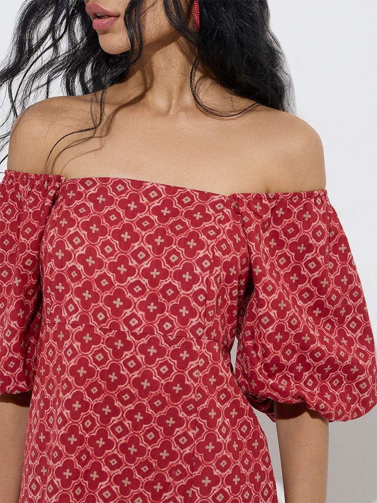 Bombay Paisley Red Printed Cotton-Blend A-Line Dress - Image 3