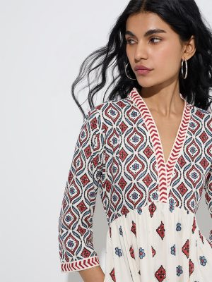 Bombay Paisley Off-White Floral Design A-Line Dress